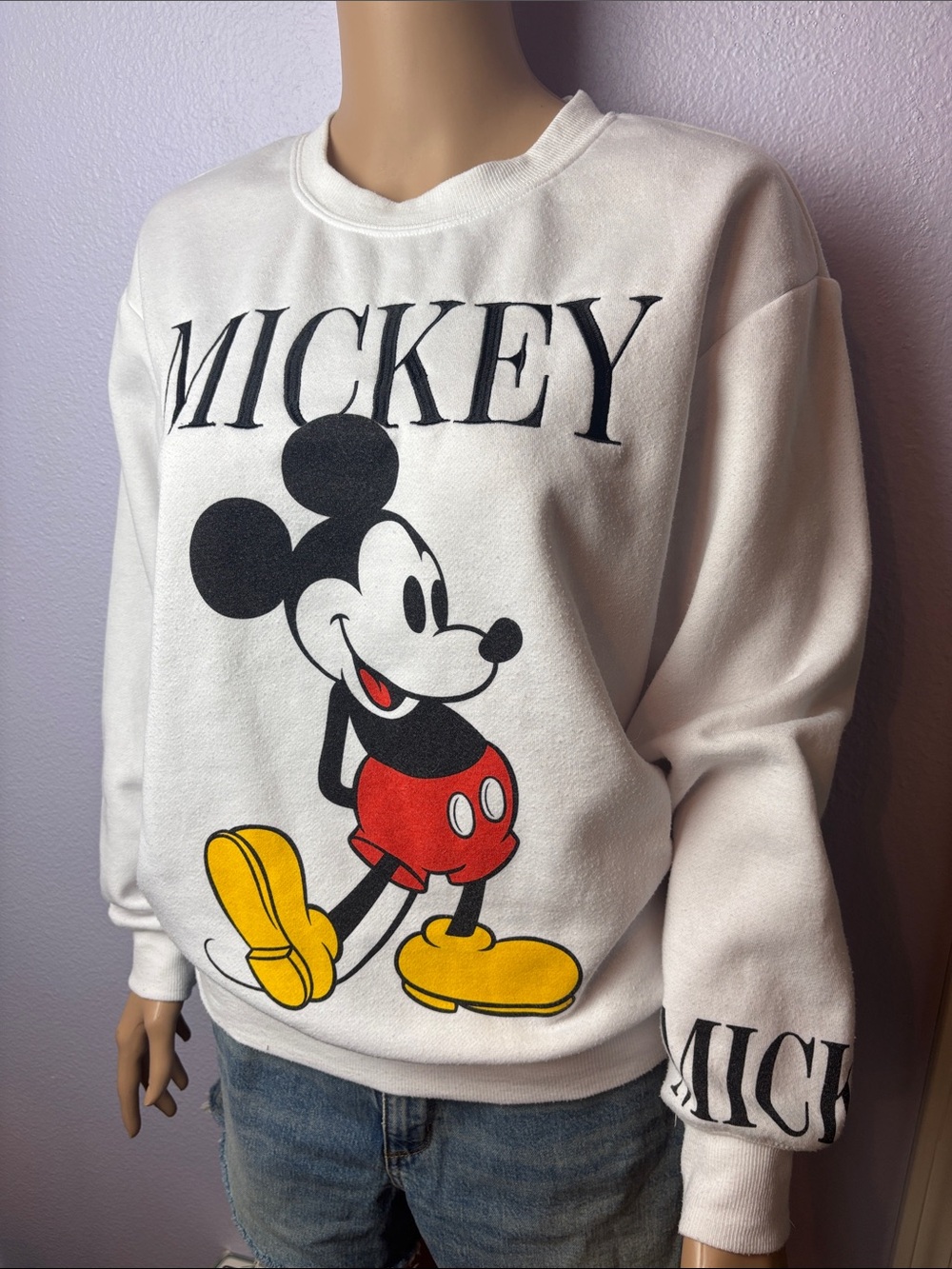 Disney White Crewneck Sweatshirt with Mickey Graphic Embroidered MICKEY - Picture 2 of 9